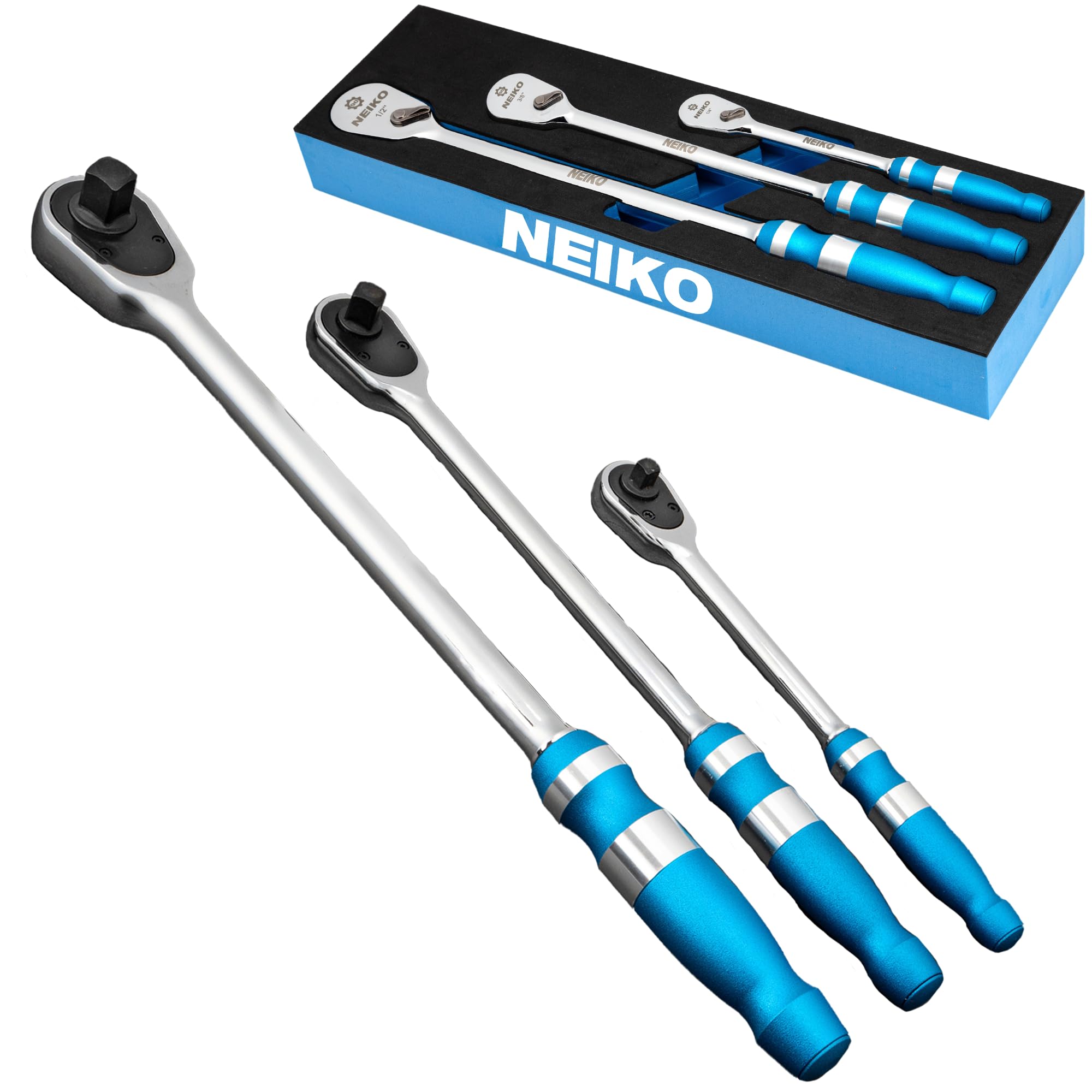NEIKO 03006A Flat Head Ratchet Set - 3 Piece Low Profile 1/4, 3/8